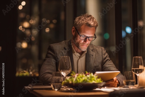 A business traveler dining alone in a quiet restaurant Notes and a tablet rest beside the plate The mood feels contemplative and focused, Generative AI