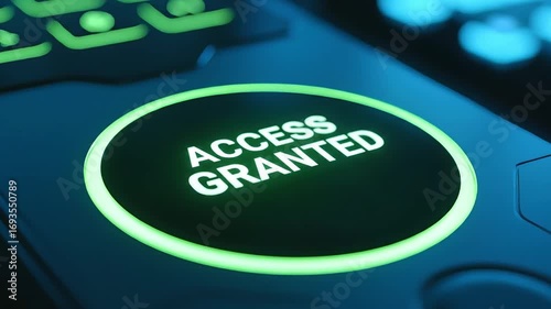 Digital access granted with glowing green button on dark technology background