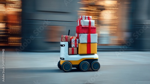 Sleek delivery bot loaded with wrapped Christmas gifts, moving quickly on urban sidewalk, motion blur conveying festive fast-paced logistics
