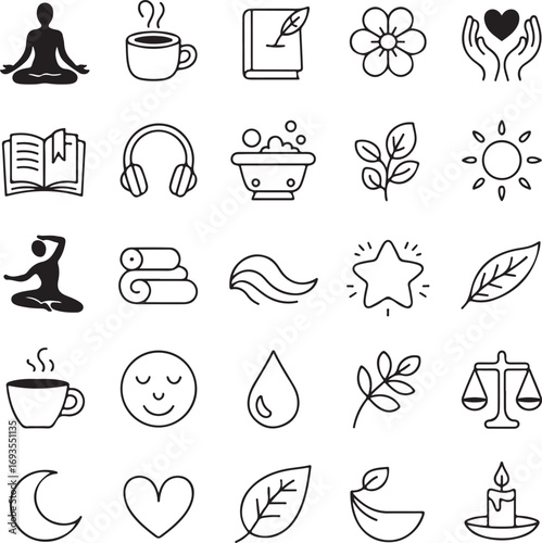 Collection of black and white line art icons for wellness and self care yoga meditation