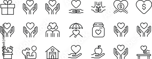 Charity icons, heart care, donation symbols, giving hands, love support, vector line art, nonprofit design, compassion, help, social service