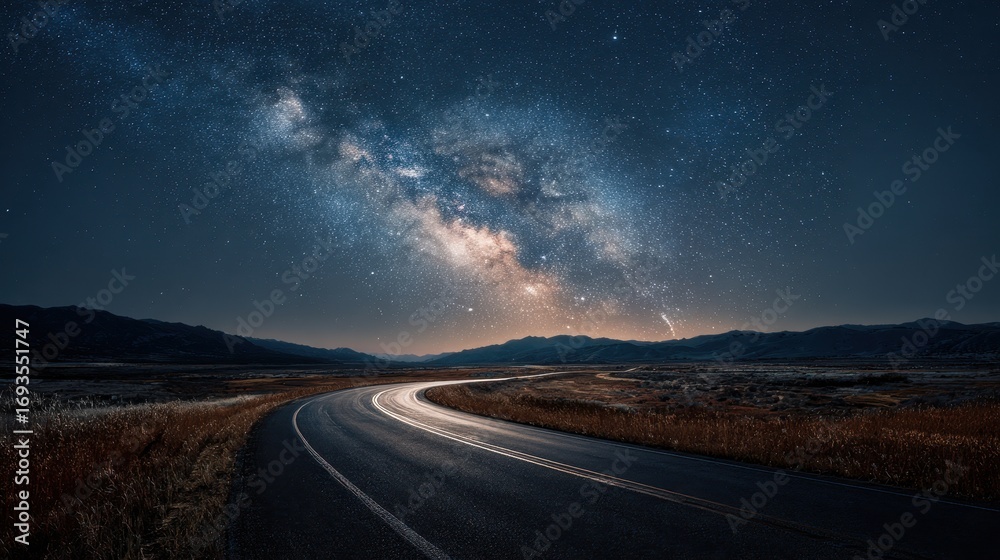 Fototapeta premium Winding Road Under Milky Way Galaxy at Night.