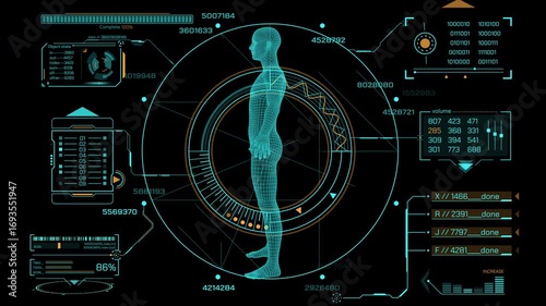 Animated display with HUD and infographic elements for data research