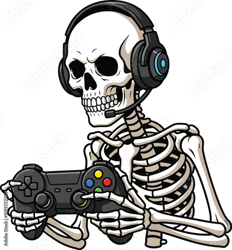 Cartoon skeleton gamer wearing headset playing video games with controller isolated