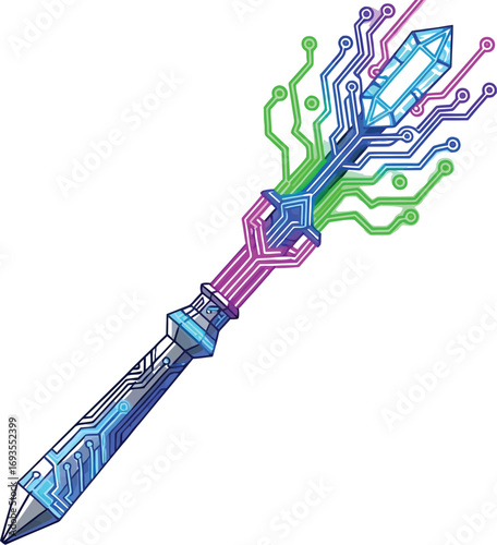 Futuristic crystal staff with glowing circuit patterns on a white background art