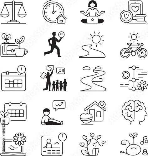 Collection of black and white line art icons representing life balance and growth vector