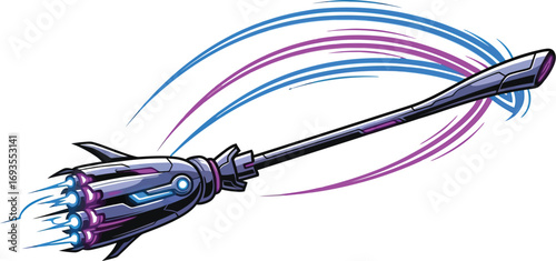 Futuristic broom with rocket boosters and colorful trails on a white background