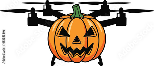 Halloween pumpkin drone illustration with spooky face and propellers on white