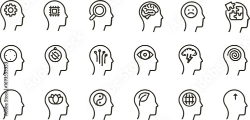 Human head icons, brain symbols, mental states, cognitive functions, psychology concepts, mindfulness, AI thinking, perception, emotion, intelligence, awareness