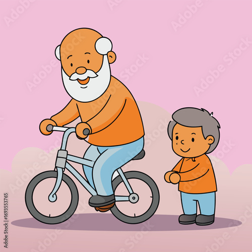 Grandfather enjoys a bike ride with his grandson, creating happy memories with family love and togetherness