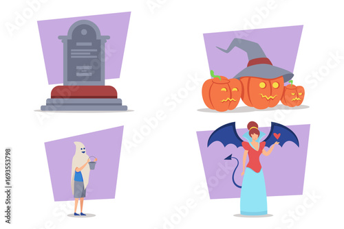 Lively Halloween celebration featuring carved pumpkins, tombstone, and costumed participants, including ghost and witch, showcasing festive spirit