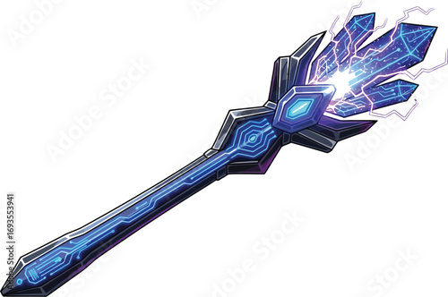 Futuristic crystal staff with glowing blue circuits and energy on a white background