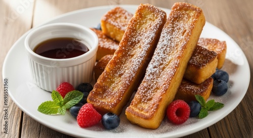 Golden French Toast Sticks with Fresh Berries and Maple Syrup Breakfast Treat