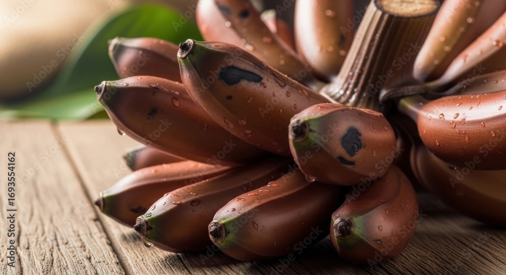 Fototapeta premium Close up shot of a bunch of ripe red bananas on a rustic wooden table with water droplets