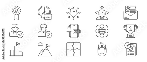 Collection Of Thin Line Business Icons Representing Planning Analysis And Communication Concepts. Black And White Set Icon Monochrome Style On White Background