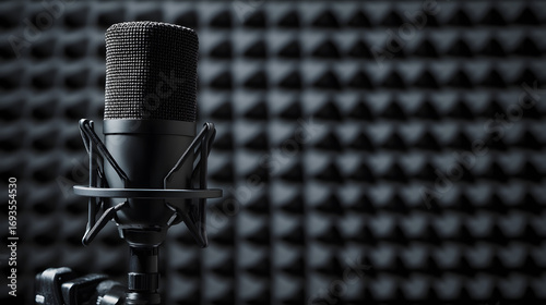 Microphone on a studio background covered with black foam panels. Illustration of a recording studio background.