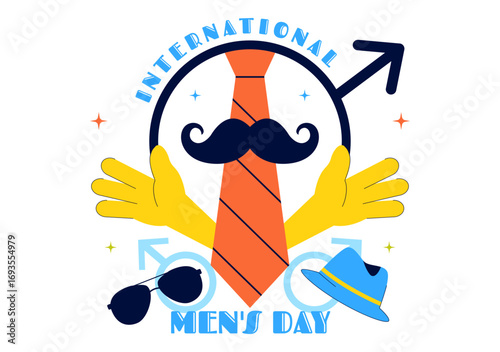 International Men's Day Vector Illustration on November 19 Featuring Men's Accessories such as Ties, Mustaches and Male Symbols in a Flat Background