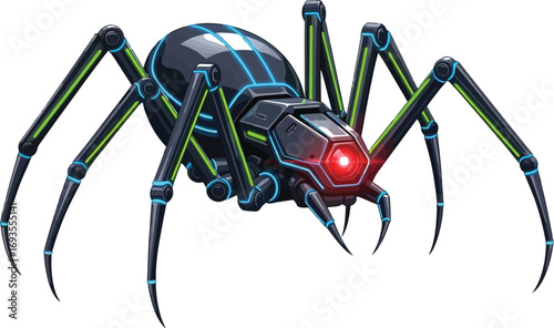Futuristic robotic spider with glowing neon accents and a menacing red eye design