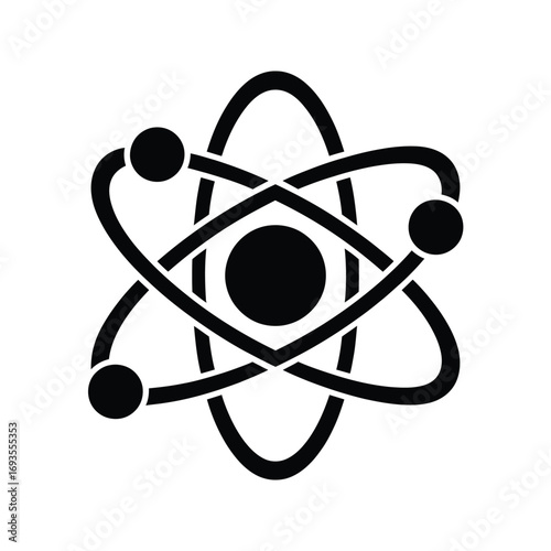 Black and white atom symbol with orbiting electrons illustration