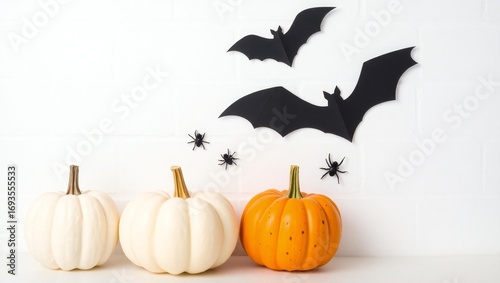 Three pumpkins with black bats and spiders on a white background for halloween