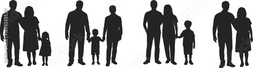 Silhouettes of diverse family groups, parents with children, standing together, holding hands, bonding moments, unity, love, parenting, lifestyle, relationships