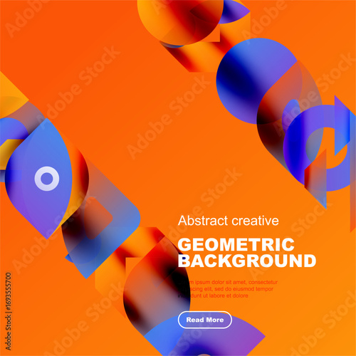 Vibrant geometric shapes overlap, creating dynamic composition. Orange background complements blue, purple hues. Modern design element.
