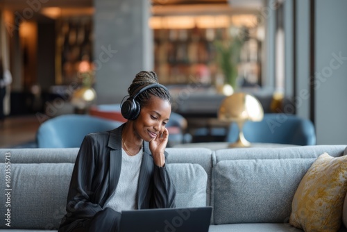 A professional taking a video call in a hotel lounge Headphones on as they balance travel and work The mood feels modern and connected, Generative AI 