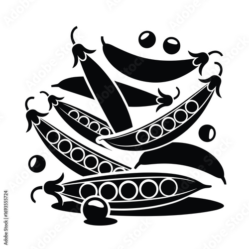 Stylized black and white illustration of fresh peas in pods