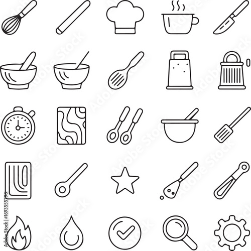 Collection of black line art icons for cooking and kitchen whisk