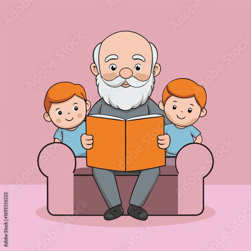 Grandfather reading a captivating storybook to his two happy grandsons on a cozy couch illustration