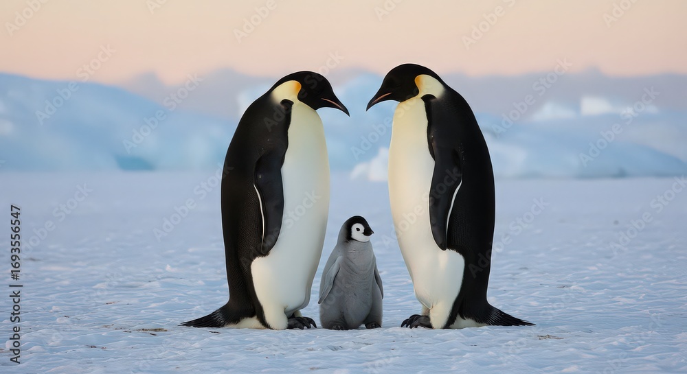 Fototapeta premium Emperor penguin family standing on the snow in antarctica at sunset with iceberg in the background