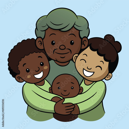 Heartwarming embrace of African American family featuring grandmother, children, and baby in cartoon style