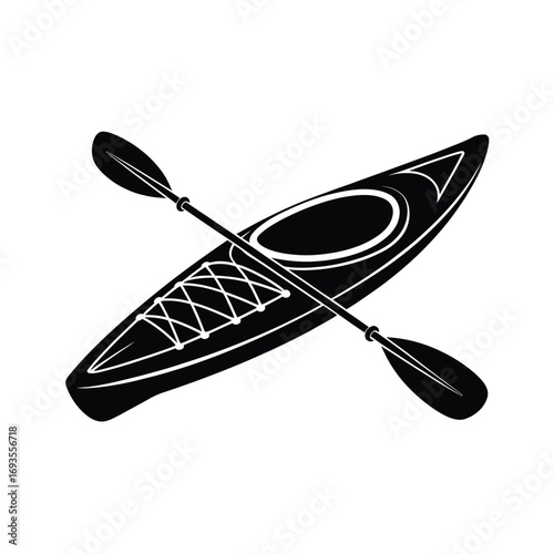 Black and white illustration of a kayak and paddle