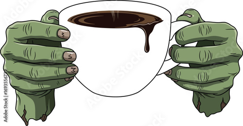 Zombie hands holding a steaming cup of coffee with dripping liquid on white background