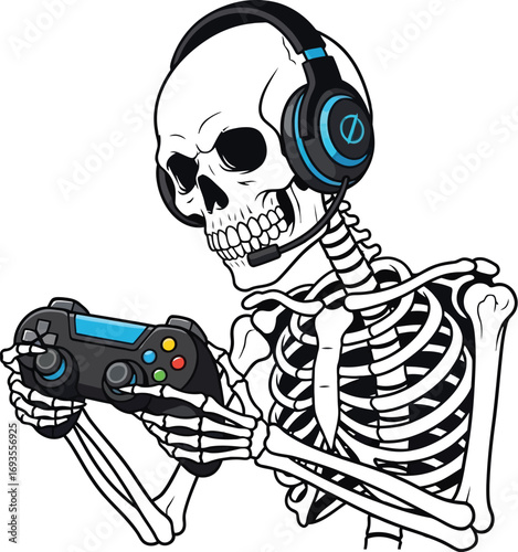 Skeleton gamer with headset playing video games using controller on white background