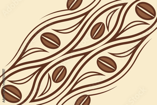 Abstract brown swirls with coffee beans and leaves