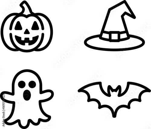 Simple line art icons depicting classic Halloween symbols: a smiling jack-o'-lantern, a pointed witch's hat, a ghostly figure, and a flying bat.