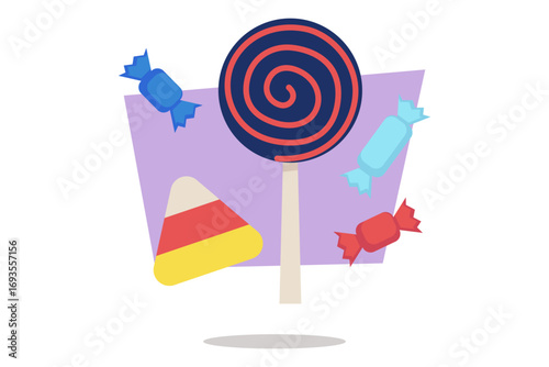 Vibrant assortment of Halloween candies including large lollipop and colorful wrapped sweets, perfect for festive party atmosphere. Ideal for trick-or-treaters and celebrations