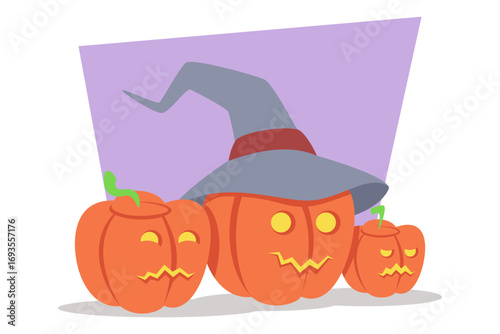 Festive Halloween decorations featuring three carved pumpkins, each with unique faces. Gray witch hat resting atop largest pumpkin, creating playful holiday atmosphere