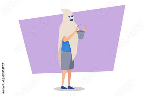 Child wearing ghost costume standing proudly, holding bucket, ready for trick-or-treating during Halloween night. Festive spirit concept