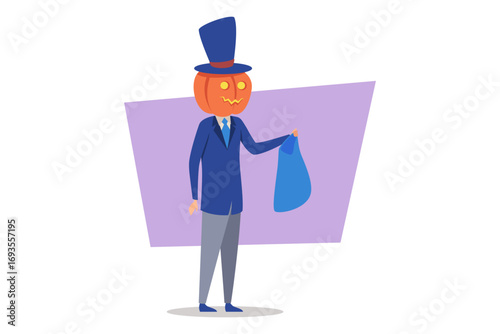 Whimsical character celebrating Halloween, wearing stylish suit and pumpkin for head. Festive figure holding blue bag, embodying spirit of festival and party atmosphere