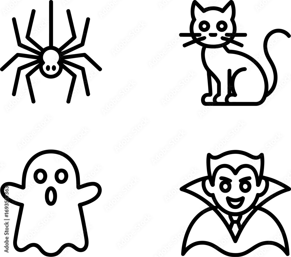 Fototapeta premium Halloween icons: spider, cat, ghost, and vampire in black and white.
