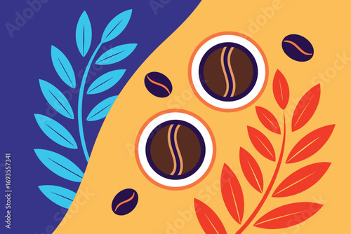 Abstract Coffee Beans and Leaves Composition Keywords: coffee, coffee beans, coffee cups, leaves
