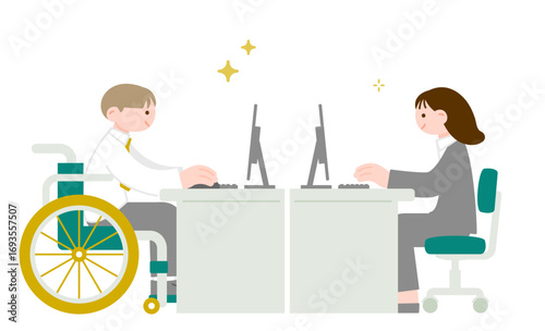 車椅子ユーザーと同じ職場で働く　多様性のある会社のイメージイラスト