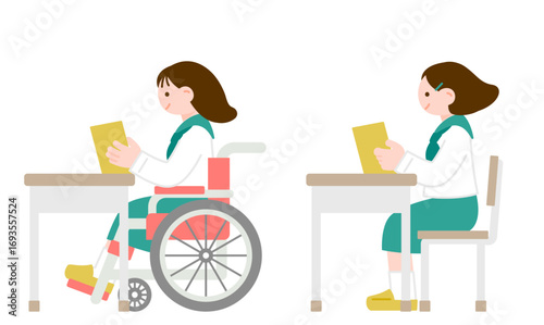車椅子ユーザーと学生が共に学ぶ教室イラスト　多様性のある学校のイメージ