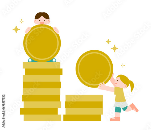 子供とお金のイラスト｜貯金・仮想通貨・ポイント・積立