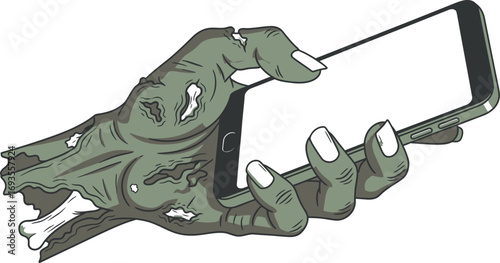 Cartoon zombie hand holding a modern smartphone with a blank screen for application