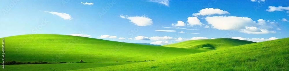 Fototapeta premium Serene vista of a rolling green hill landscape under a vibrant blue sky, bathed in soft sunlight Perfect for travel, nature, and environmental themes , sun, calm