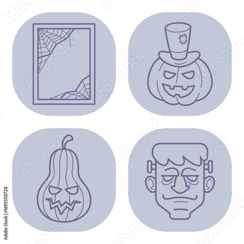 Collection of line art icons for Halloween, including haunted mirror, spooky pumpkin, sinister squash, and classic monster portrait. Perfect for party decor and celebrations