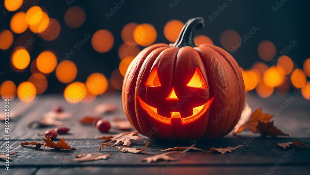 Fototapeta premium Glowing jack o lantern on a wooden table with bokeh lights